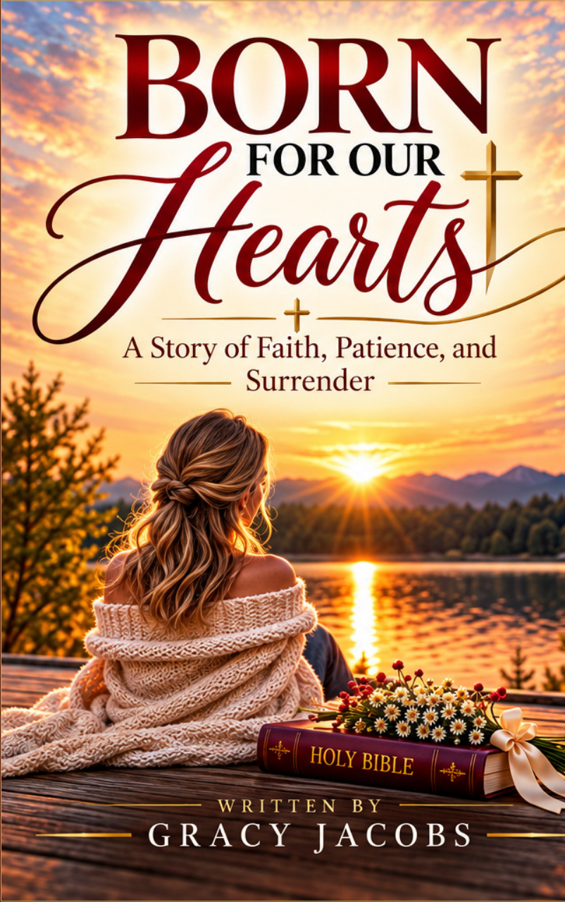 Born for Our Hearts by Gracy Jacobs, with a sunset lake, a Bible, and flowers on the cover.
